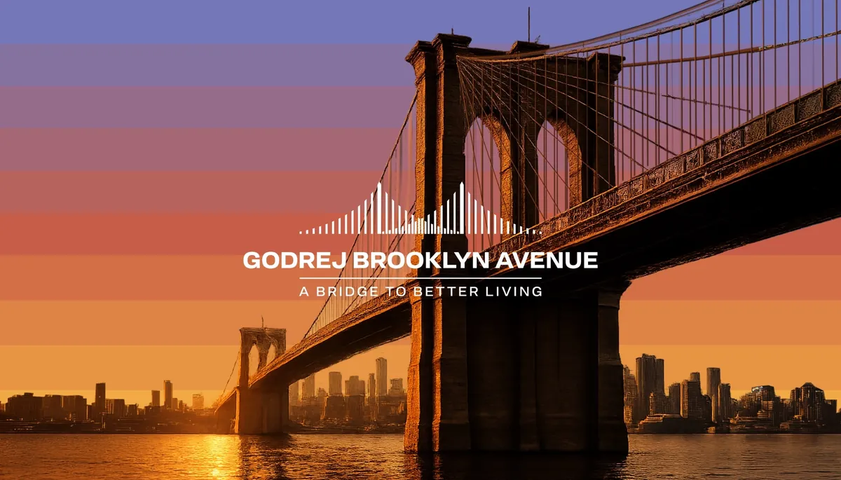 The project's brand artwork: a photograph of the Brooklyn Bridge at sunset with the Manhattan skyline behind it, overlaid with the wordmark Godrej Brooklyn Avenue — a bridge to better living.