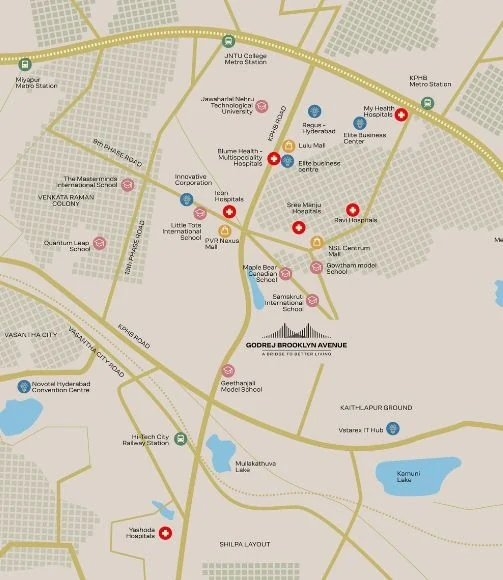 Locality map showing Godrej Brooklyn Avenue at the centre of Kukatpally, with schools, hospitals, malls and metro stations marked across KPHB, Miyapur, Kondapur and HITEC City.