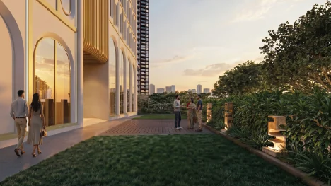 Artist's impression of the outdoor clubhouse edge at Godrej Brooklyn Avenue, with tall arched windows in brass mullions opening onto a lawn at golden hour.