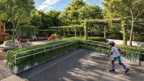 Artist's impression of the children's play area at Godrej Brooklyn Avenue, set into landscaped ground.